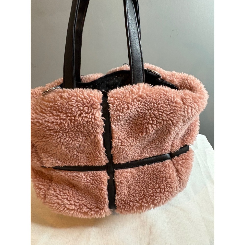 Pink Sherpa Fleece Tote Bag Black Faux Leather Trim Polka Dot Lining